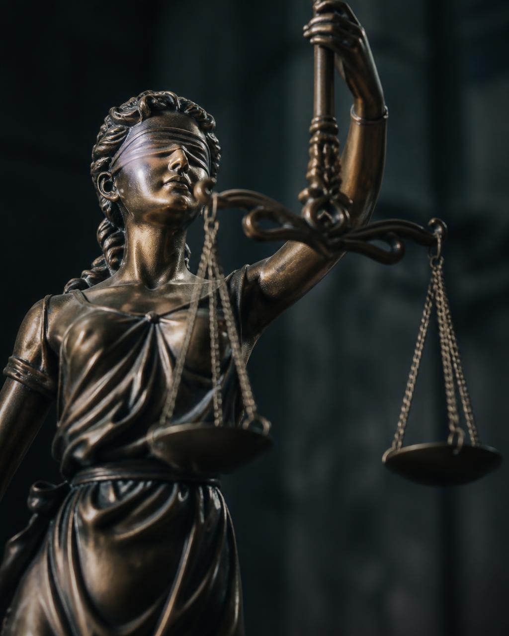 Bronze statue of Lady Justice holding scales